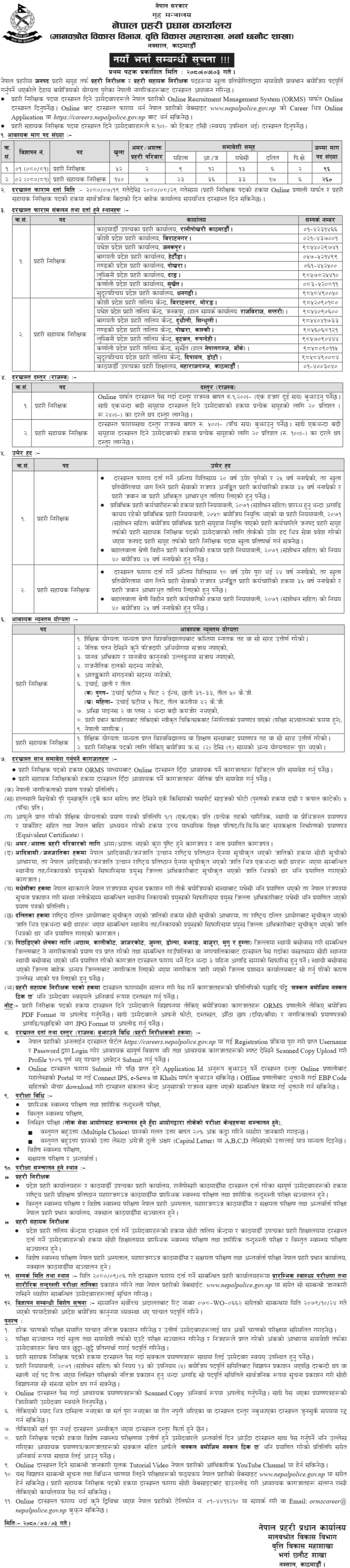 Nepal Police Vacancy for Inspector and Assistant Sub Inspector 2080